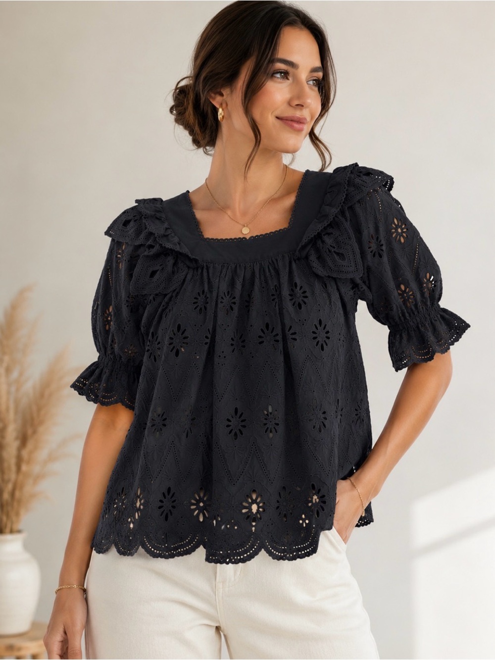 Shona Joy Top Blouse Black Eyelet Ruffle 100% Cotton